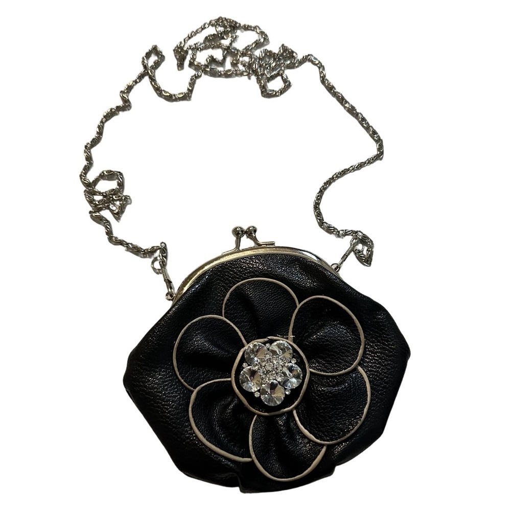 Retro Black Floral Clutch Wallet Purse Mini Bag Silver Chain Floral Rhinestones